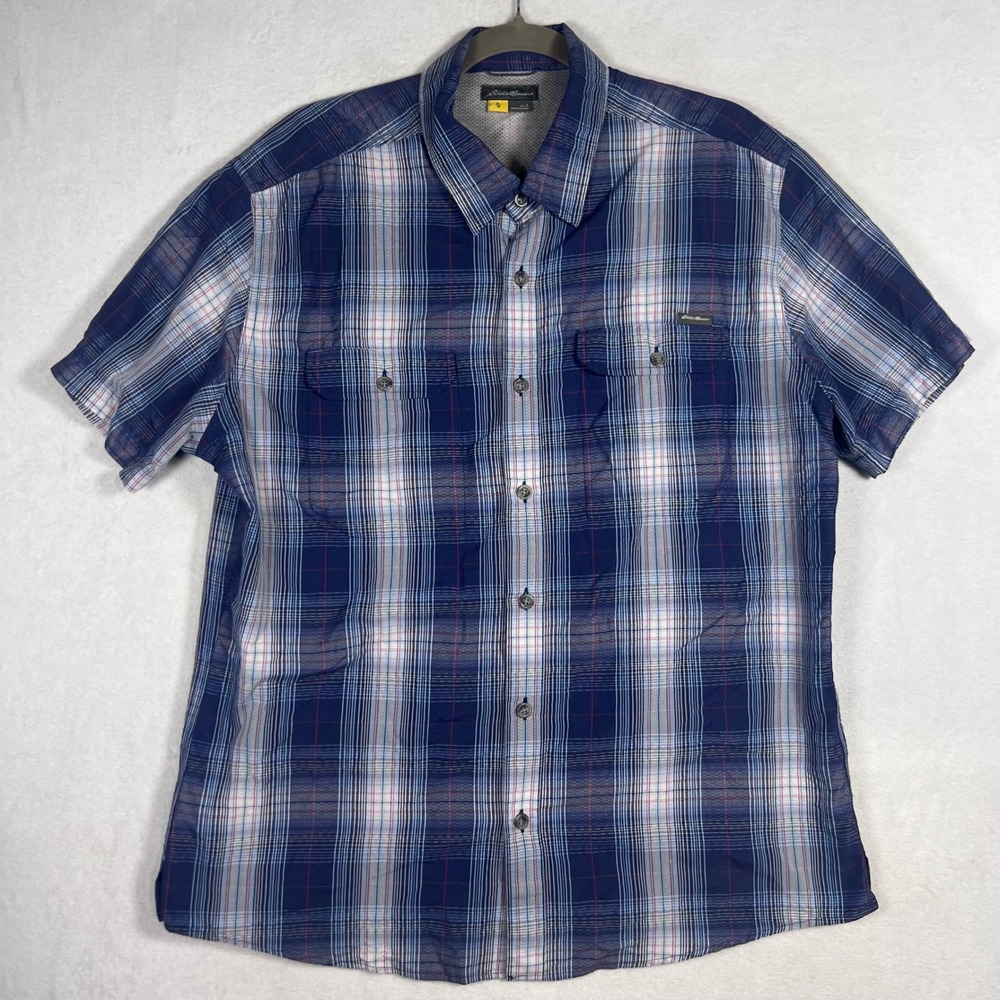 Eddie Bauer Mens Large Blue Plaid Short Sleeve Button Down Hiking Mesh Back